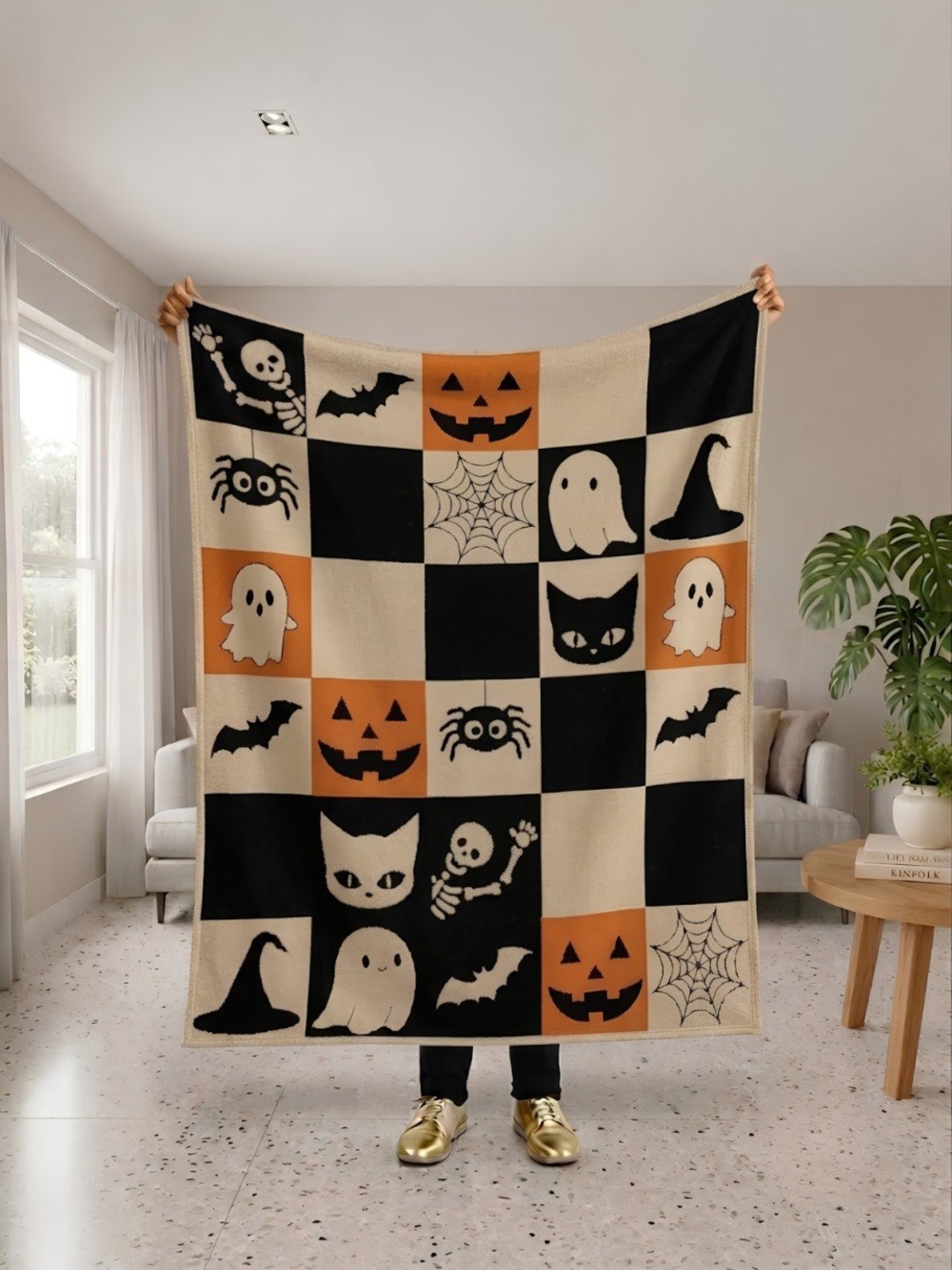 Halloween Patchwork Blanket - Black & Orange